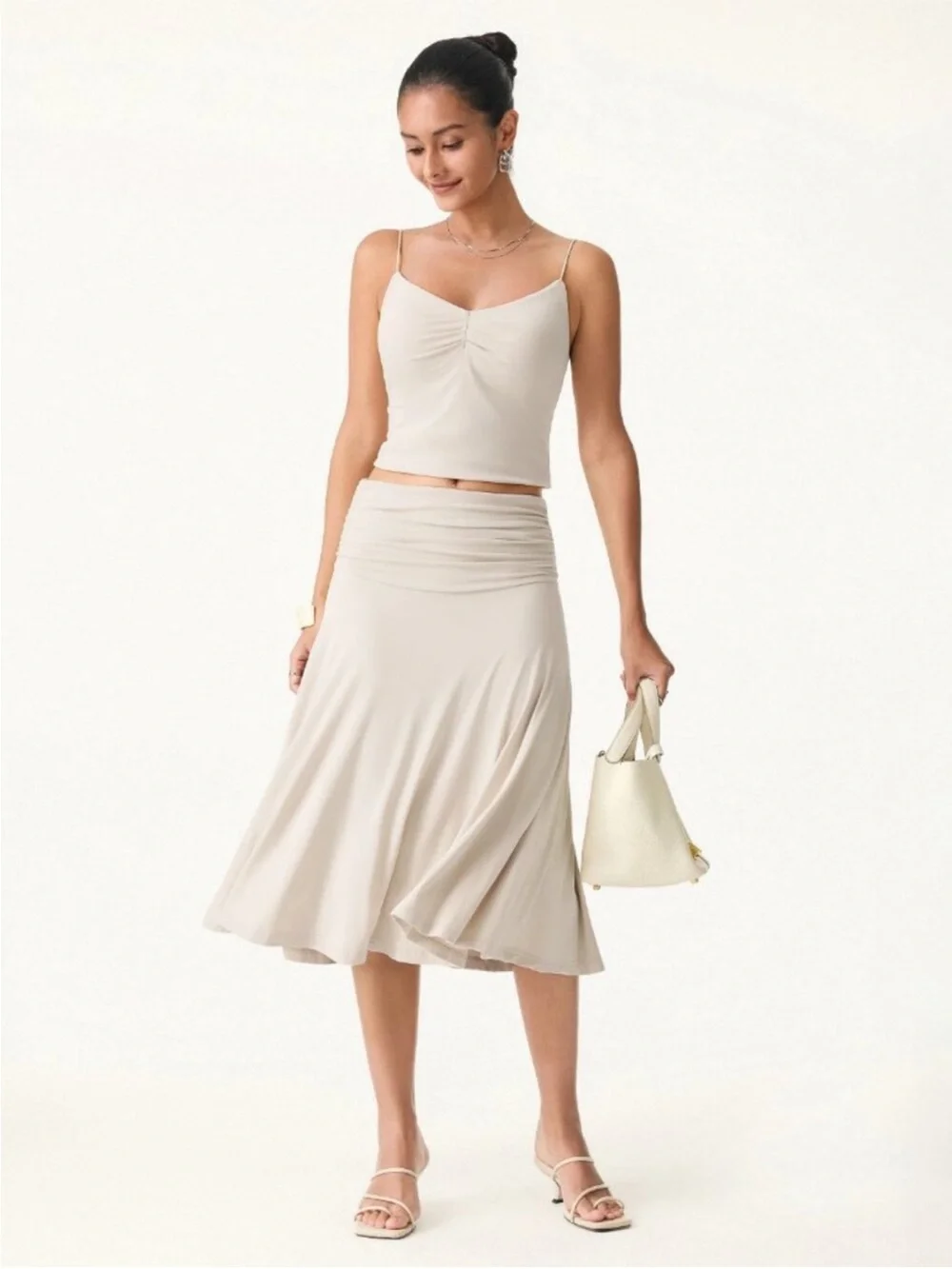 NWT OGL Eco-SkinKiss® Flowy Side Ruched A-line Midi Skirt Fog S